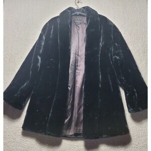 Donnybrook Vintage Faux Fur Coat Black Shawl Collar ILGWU Union Made USA Large